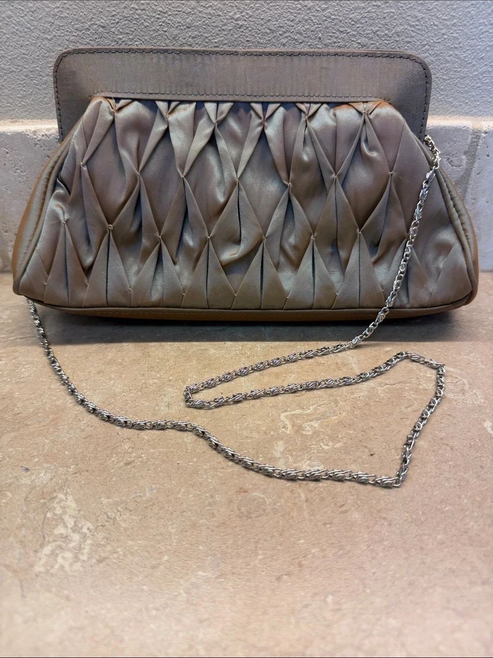 JAFRA Olive Satin Gathered Evening Clutch with Silver Chain